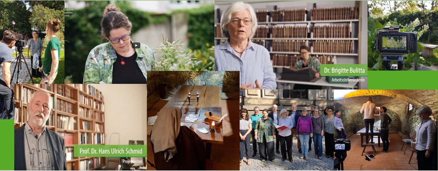 Bildcollage von Dreharbeiten zu einem Film. Man sieht jeweils Menschen vor Bücherwänden oder in einem Klosterkeller oder im Freien sowie Menschen mit Kamerar und Mikrofon