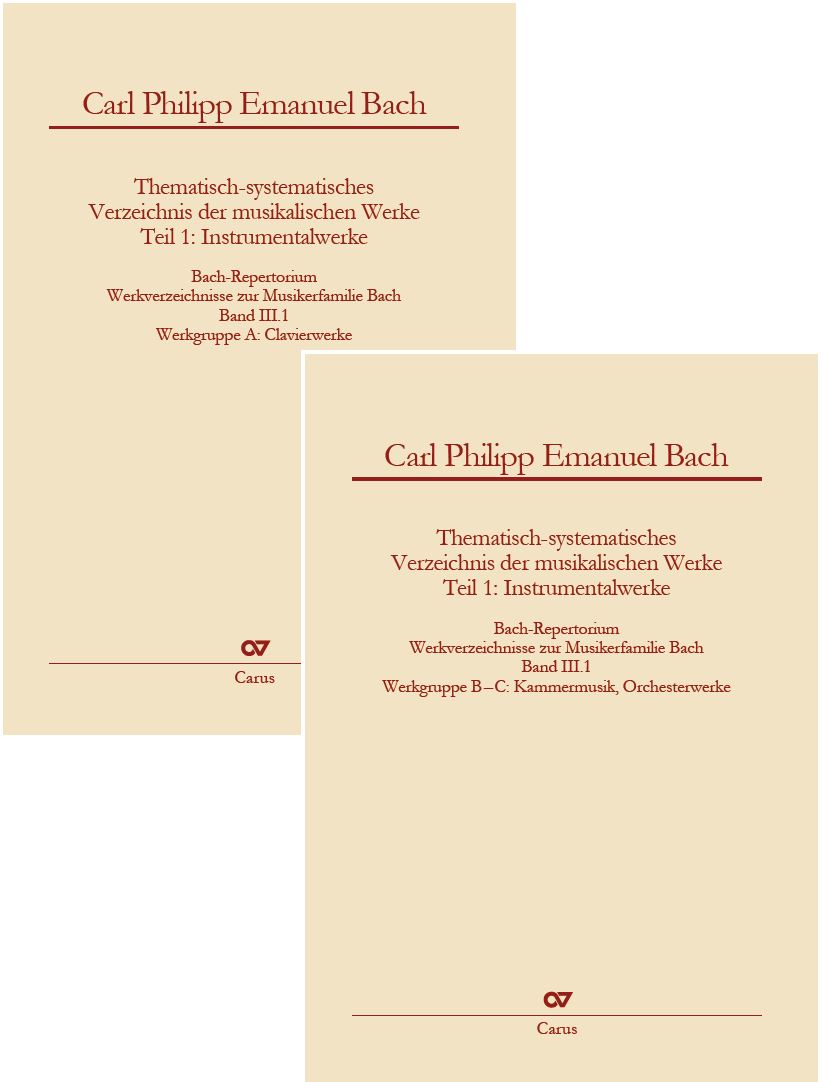 Zwei gelbe Buchcover mit roter Beschriftung. Zu lesen ist: Carl Philipp Emanuel Bach, Thematisch-systematisches Verzeichnis der musikalischen Werke, Teil 1: Instrumentalwerke, Bach-Repertorium, Werkverzeichnisse zur Musikerfamilie Bach, Band III.1. Auf dem hinteren Buchcover: Werkgruppe A: Clavierwerke, auf dem vorderen Buchcover: Werkgruppe B-C, Kammermusik, Orchesterwerke. Unten findet sich jeweils das Logo des Carus-Verlags.