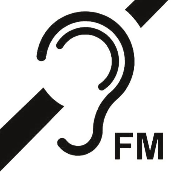 Icon mit einem Ohrsymbol, von dem jeweils ein schräger Strich abgeht, unten steht FM